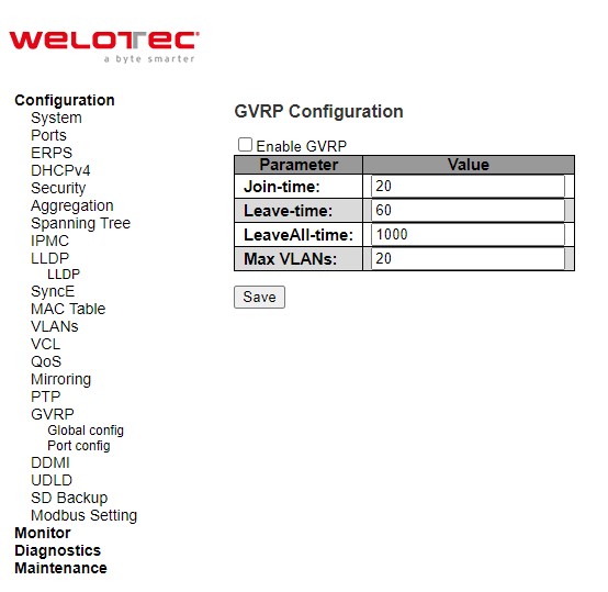 Figure 2.115 Webpage to Configure GVRP Globally