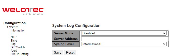 Figure 2.12 Webpage to Configure System Log