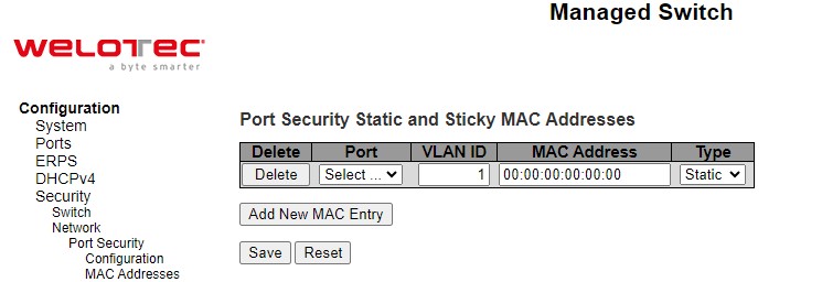 Figure 2.53 Webpage to Configure Network Port Security MAC Addresses