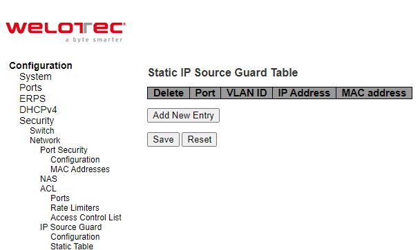 Figure 2.61 Webpage to Configure Network IP Source Guard Static Table