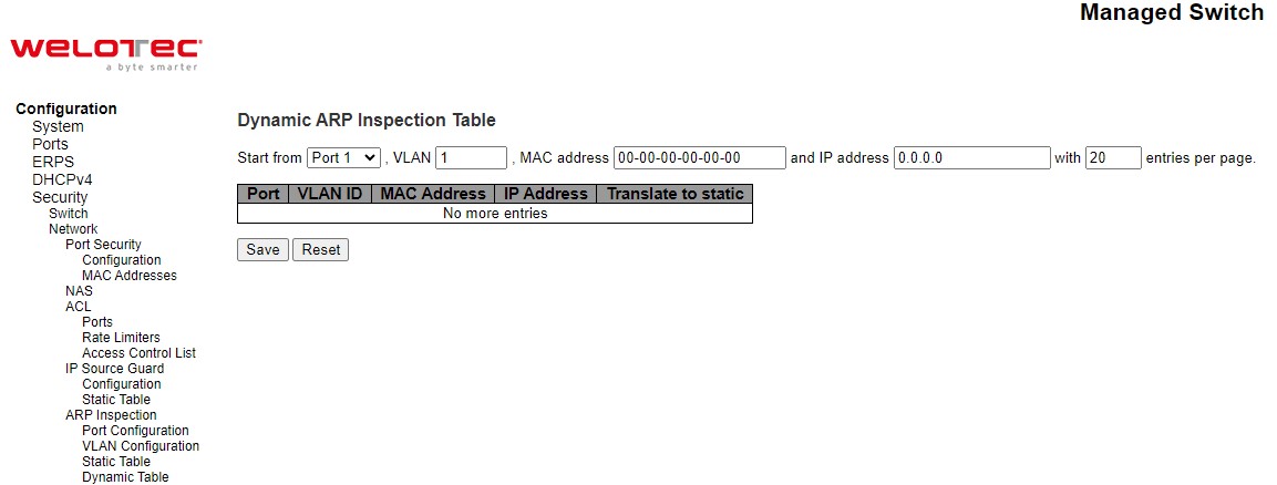 Figure 2.66 Webpage to Configure Network ARP Inspection Dynamic Table