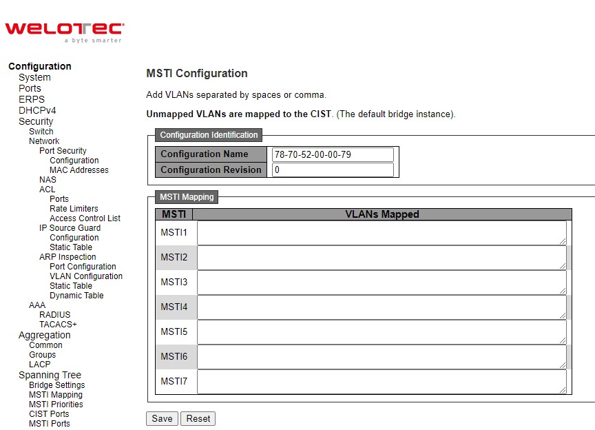 Figure 2.74 Webpage to Configure MSTI Mapping of Spanning Tree