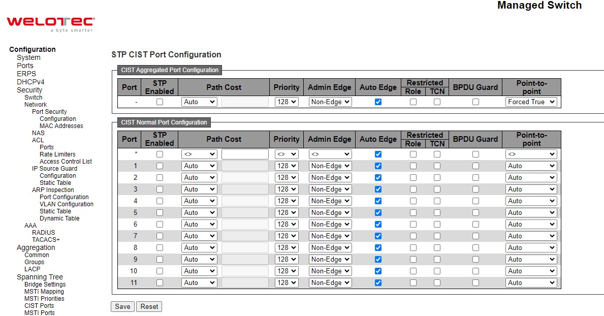 Figure 2.76 Webpage to Configure CIST Ports of Spanning Tree