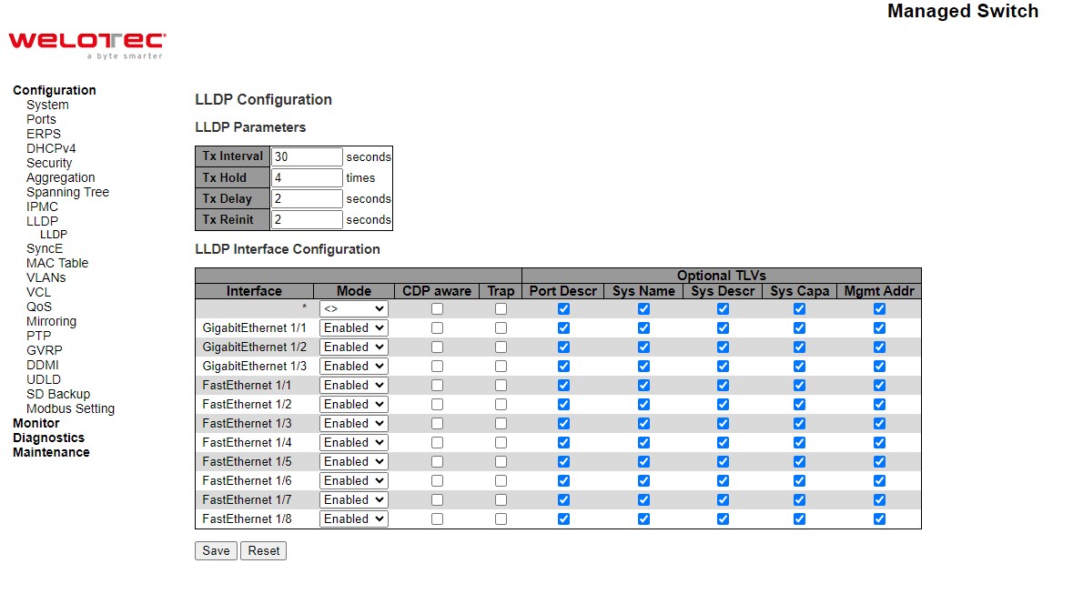 Figure 2.84 Webpage to Configure LLDP