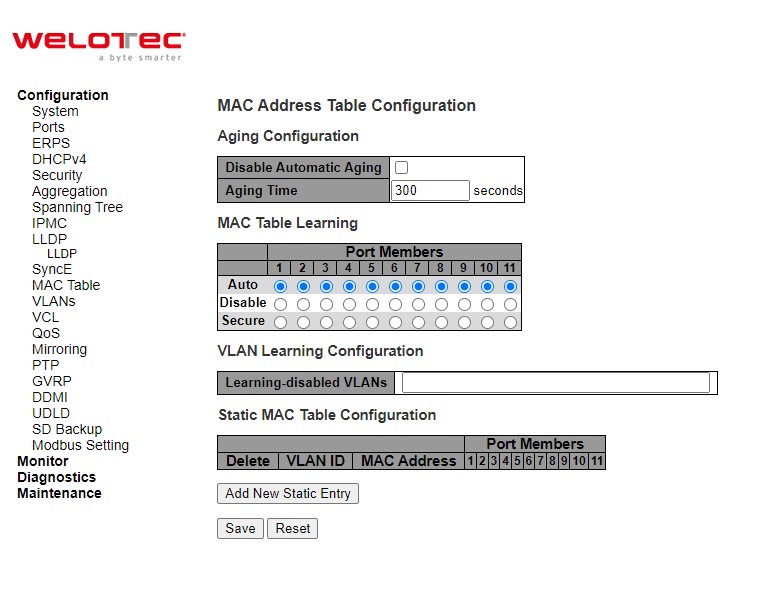 Figure 2.86 Webpage to Configure MAC Table