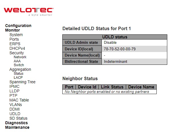 Figure 3.60 Webpage to Monitor Detailed UDLD Status for Port 1 and Neighbour Status