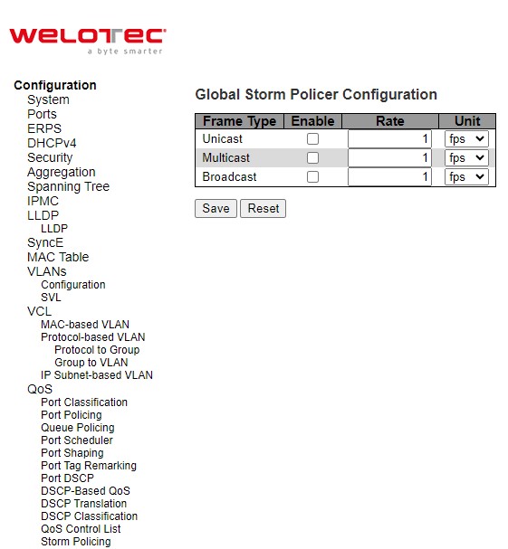 Figure 2.109 Webpage to Configure Storm Policing of QoS