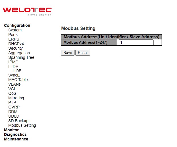 Figure 2.120 Webpage to Configure Modbus Setting