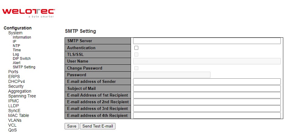 Figure 2.15 Webpage to Configure System SMTP Setting