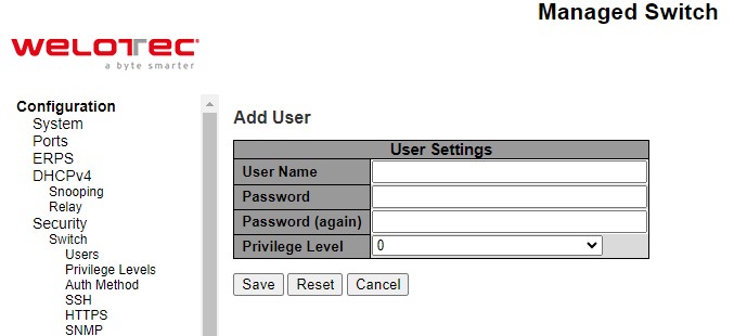 Figure 2.27 Webpage to Configure Security Switch Users -- After Clicked Add New User Button