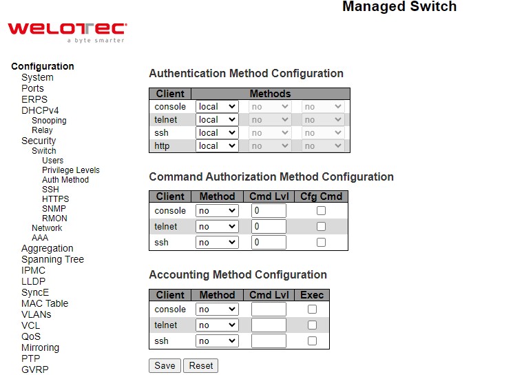 Figure 2.30 Webpage to Configure Switch Authentication Method