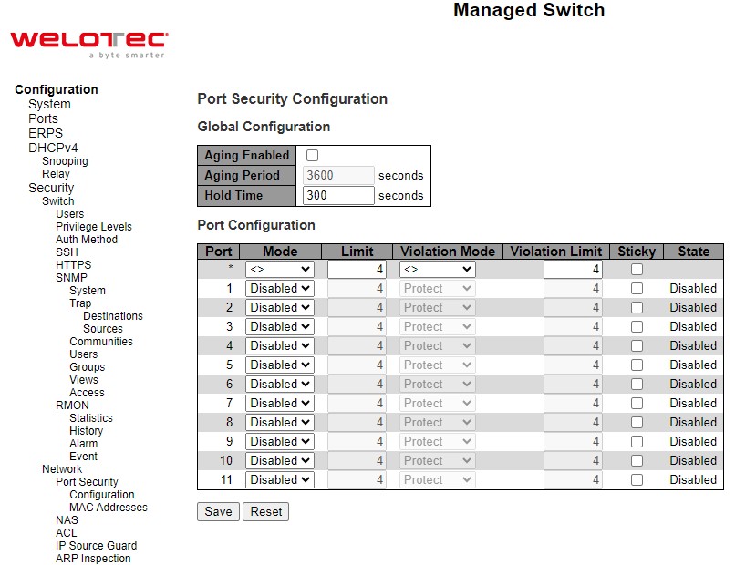 Figure 2.52 Webpage to Configure Network Port Security