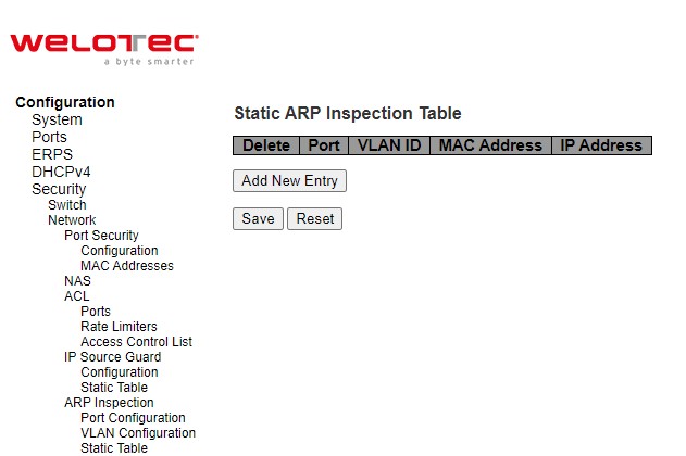 Figure 2.65 Webpage to Configure Network ARP Inspection Static Table