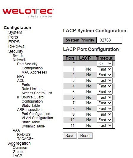 Figure 2.72 Webpage to Configure LACP Aggregation