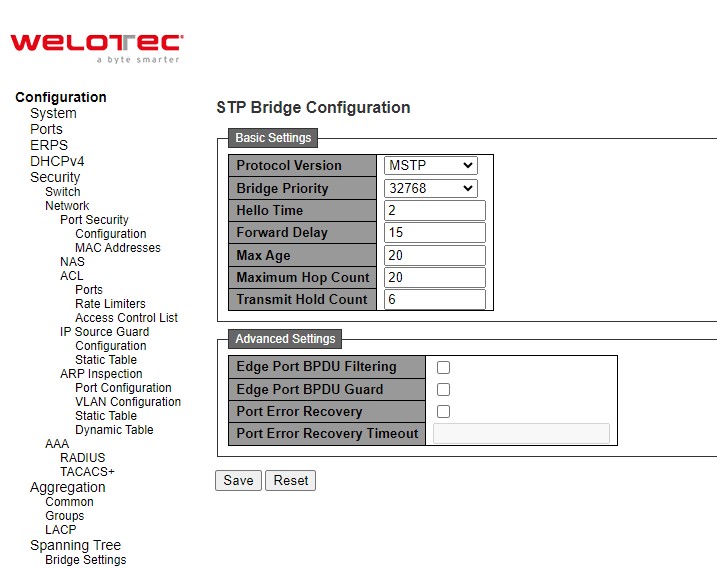 Figure 2.73 Webpage to Configure Bridge Settings of Spanning Tree