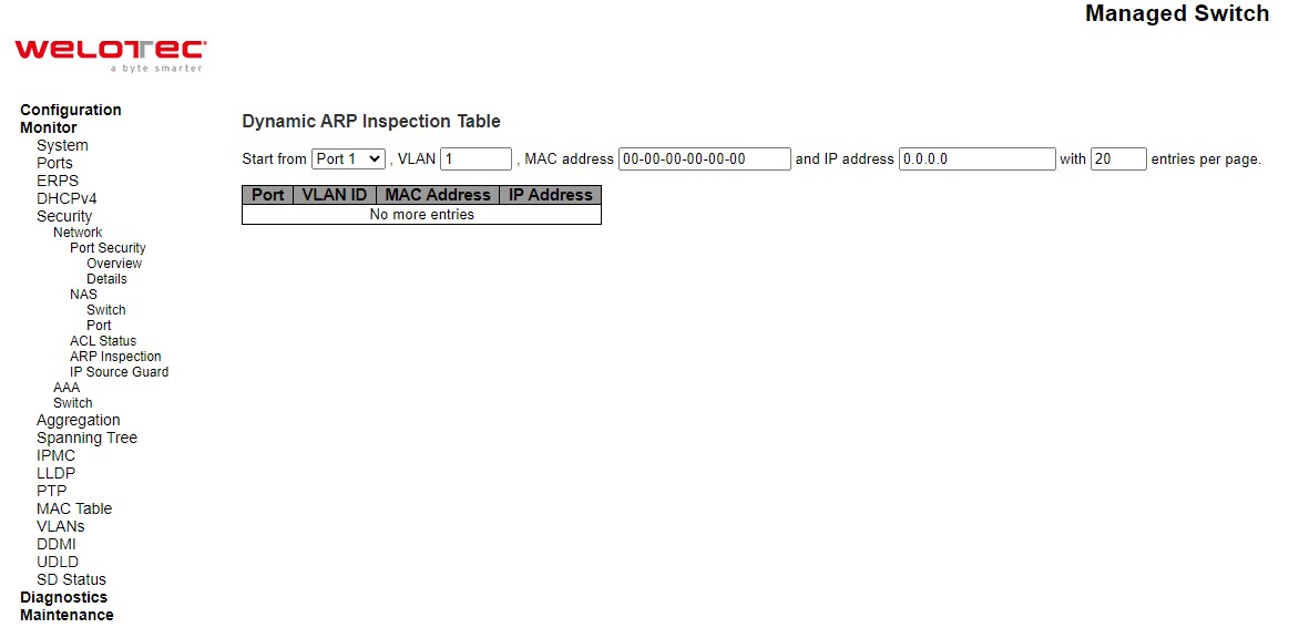 Figure 3.27 Webpage to Monitor Dynamic ARP Inspection Table