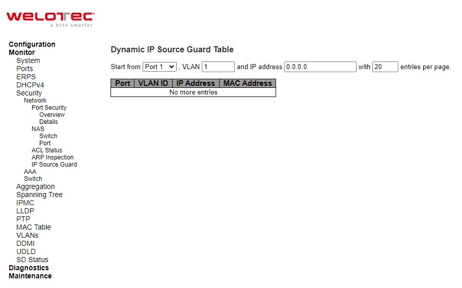 Figure 3.28 Webpage to Monitor Dynamic IP Source Guard Table