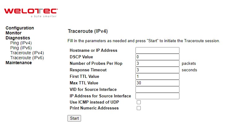 Figure 4.8 Diagnostics Webpage using IPv4 Traceroute